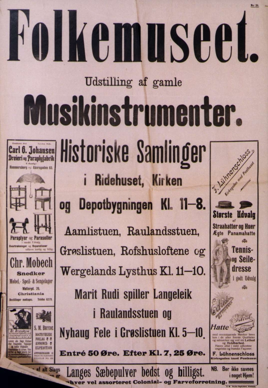 Plakat. Utstillinger og musikk på Norsk Folkemuseum i 1904.