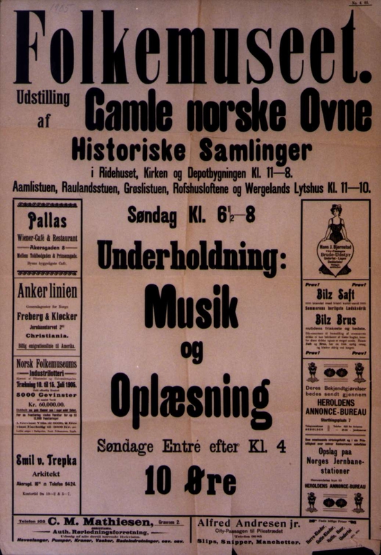 Plakat. Utstillinger og musik på Norsk Folkemuseum i 1905.