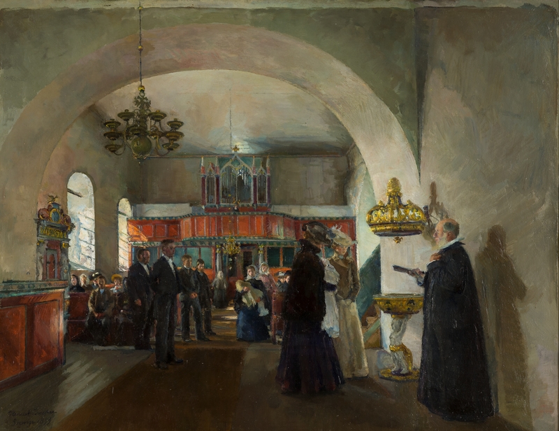 Barnedåp i Stange kirke [Maleri]