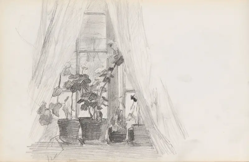 Vindu med blomster, Signe Scheel, 1892, drawing