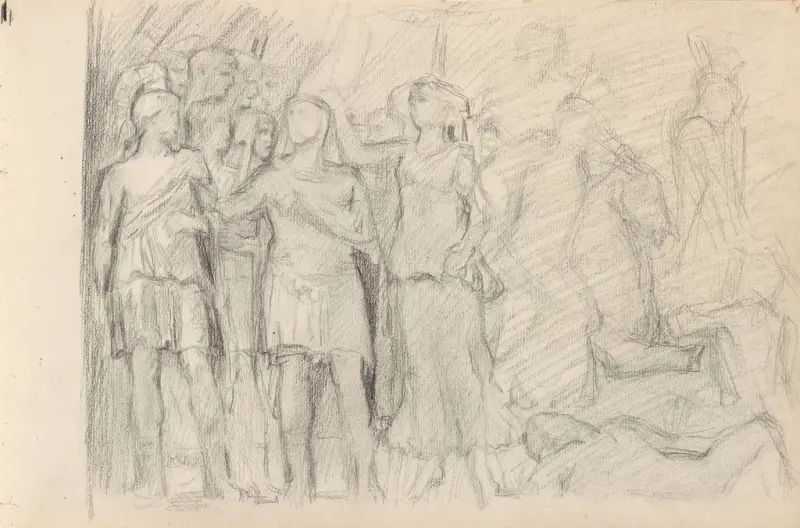 Nike bekranser en soldat, Signe Scheel, 1897–1898, drawing