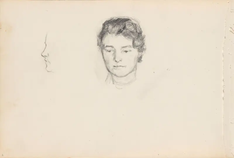 Ingrid Dahl; riss av profil, Signe Scheel, 1897–1898, drawing