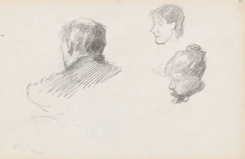 Johan Christian Ræder Scheel; to hoder, Signe Scheel, 1892, drawing