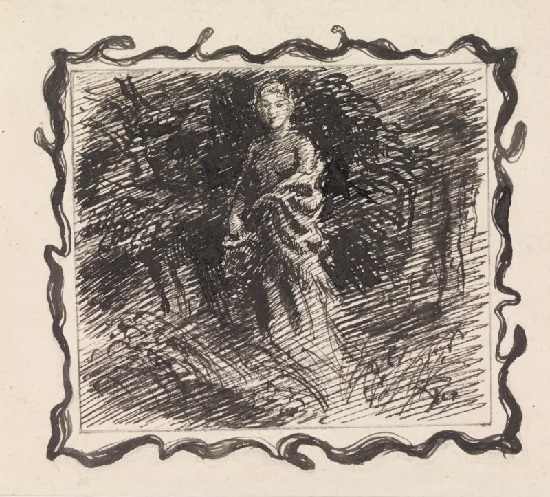 "Tys! sagde hun og saa' sig bly med store Øjne tilbage", Joakim Skovgaard, 1889–1890, drawing