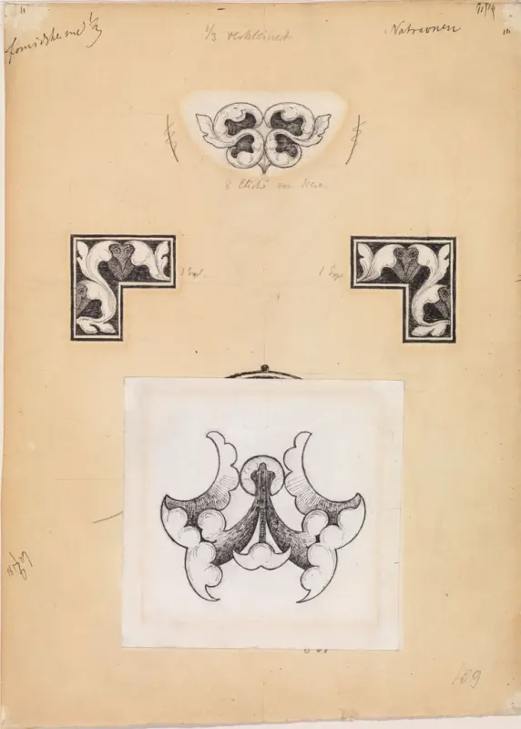 Nattravnen. Tittel-, begynnelses- og sluttvignett, Thorvald Bindesbøll, 1889, drawing