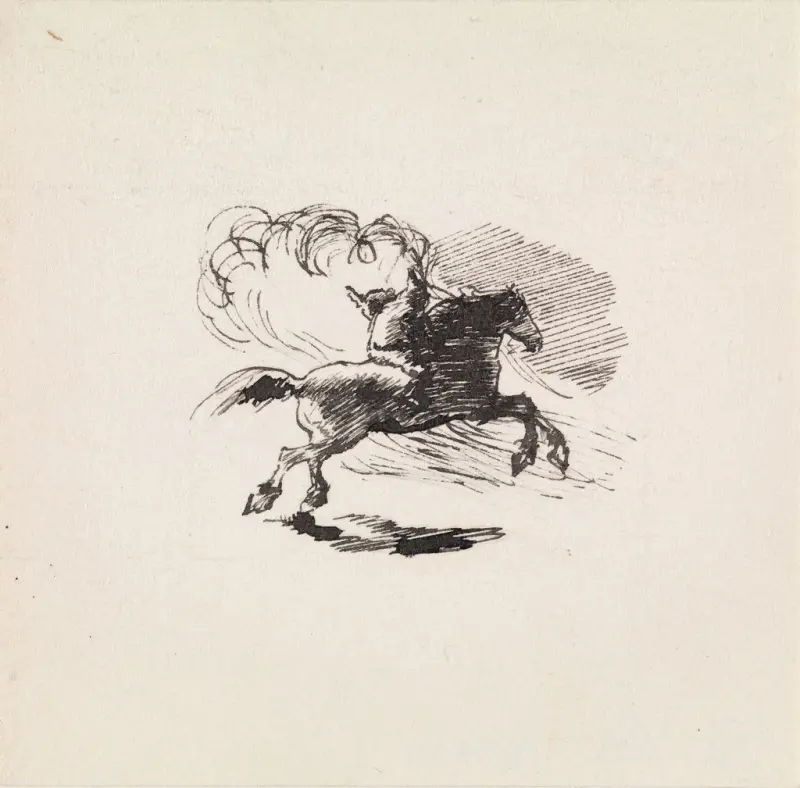 "Paa Ryggen af den blissede Vallak sad Svend Pusling. Den sorte Kat havde haget sig fast ved hans Skulder", Joakim Skovgaard, 1889–1890, drawing