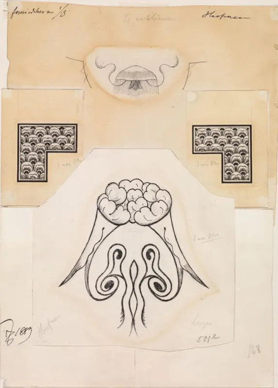 Havfruen. Tittel-, begynnelses- og sluttvignett, Thorvald Bindesbøll, 1889, drawing
