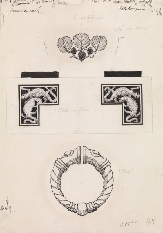 Elverkongen. Tittel-, begynnelses- og sluttvignett, Thorvald Bindesbøll, 1889, drawing