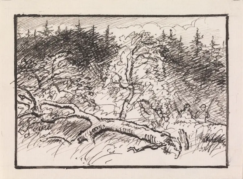 "Han halede altsaa afsted med mig gennem Tykningen, Fyrr afvekslende med Birk", Joakim Skovgaard, 1889–1890, drawing
