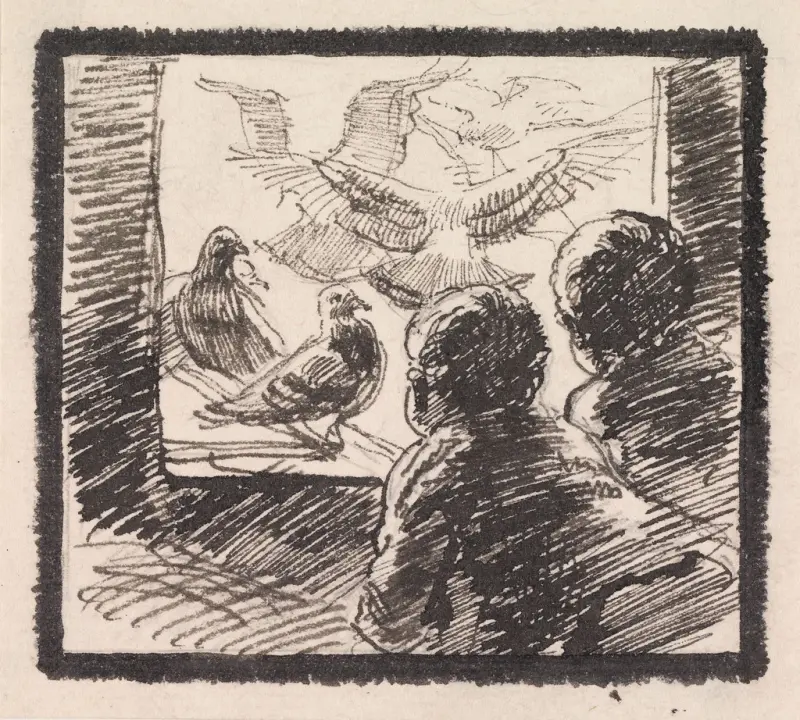 "...paa hans øverste Loft, hvor de nydelige Dyr kurrende og murrende sad i Reolernes smaa Indelukker eller flagrende klaprede ud og ind gennem Tagaabningen"", Joakim Skovgaard, 1889–1890, drawing