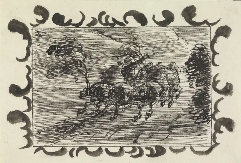 "Og ud væltede Skaren [...] og snart efter dundrede det gennem den mørke Nat hen ad Landevejen", Joakim Skovgaard, 1889–1890, drawing