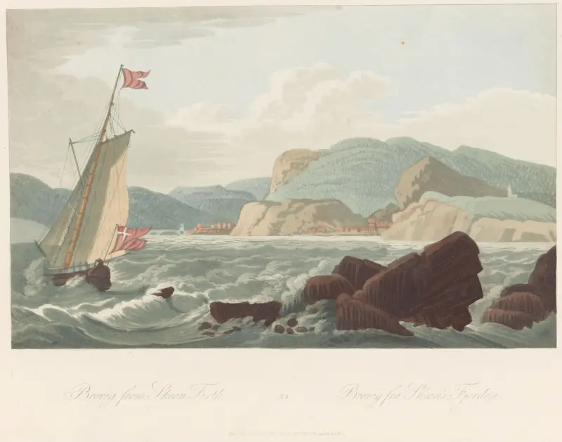 Brevik sett fra Skiensfjorden, John-William Edy, 1800–1813, print