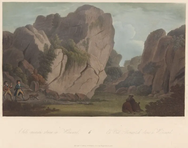 Bjørnejakt i Bjørneskaret på Monsøya, Ny-Hellesund, John-William Edy, 1800–1811, print