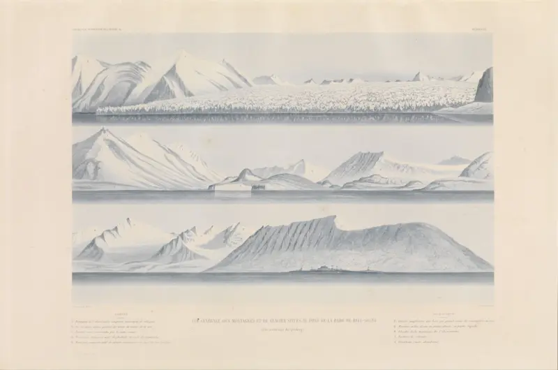 Vue générale des montagnes et du glacier situé au fond de la rade de Bell-Sound (côte occidentale du Spitzberg), Sigismond Himely, 1842–1848, print