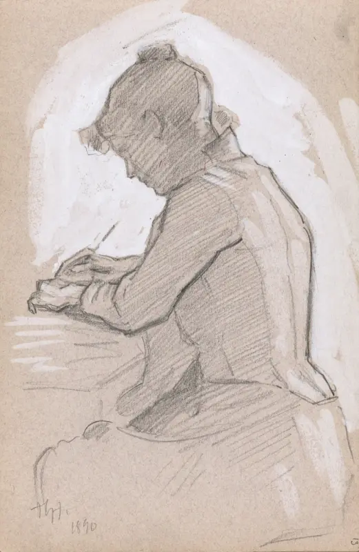 Kvinne ved skrivebord, Thorolf Holmboe, 1890, drawing