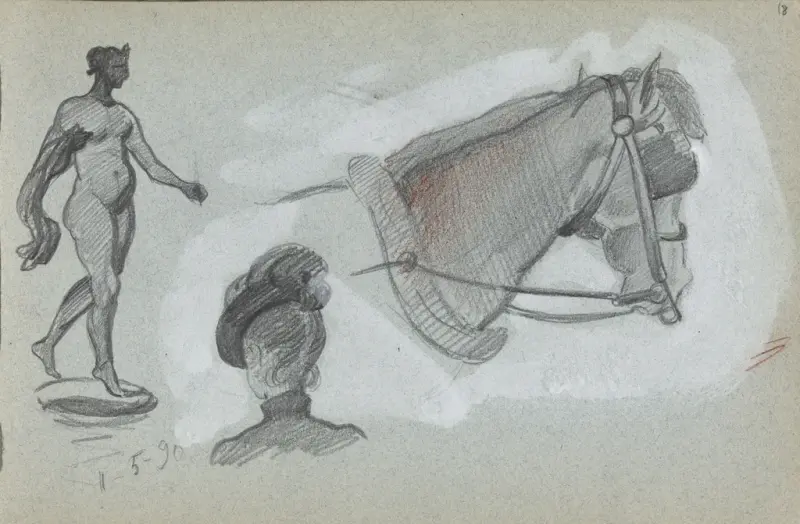 Figur- og dyrestudier, Thorolf Holmboe, 1890, drawing
