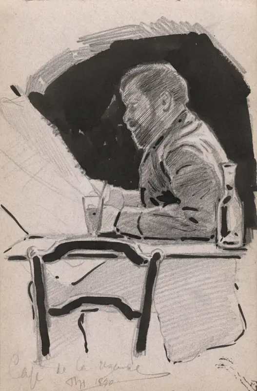 Mann ved kafébord, Thorolf Holmboe, 1890, drawing
