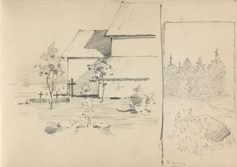 Kirkegård, Borre; landskap med trær, Thorolf Holmboe, 1890, drawing