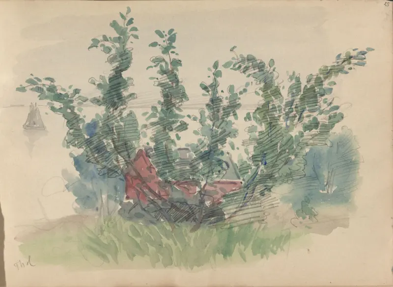 Landskap med trær og hus, Thorolf Holmboe, 1889–1891, drawing