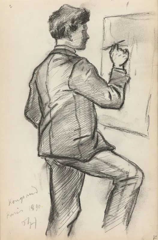 Kongsrud ved staffeliet, Thorolf Holmboe, 1890, drawing
