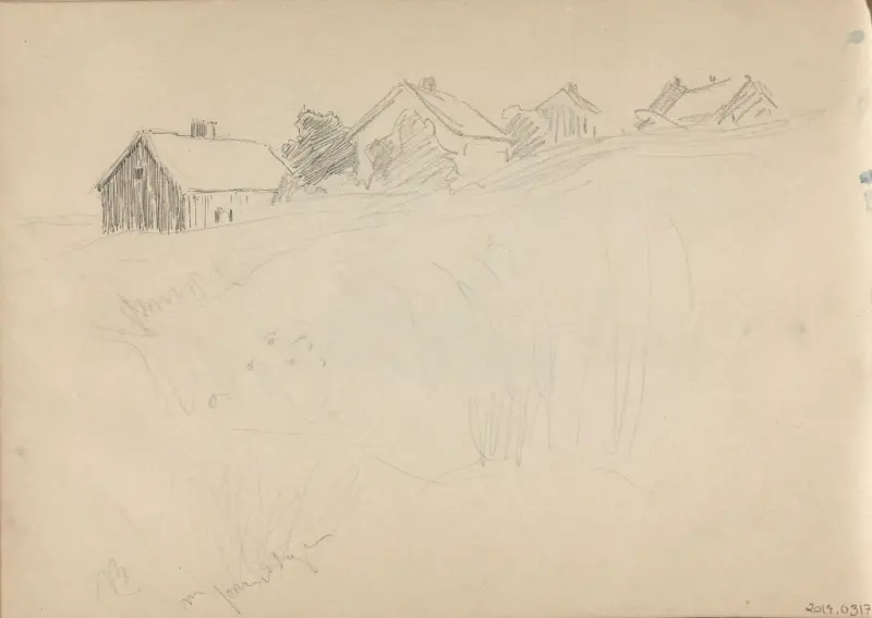 Landskap med hus, Thorolf Holmboe, 1889–1891, drawing