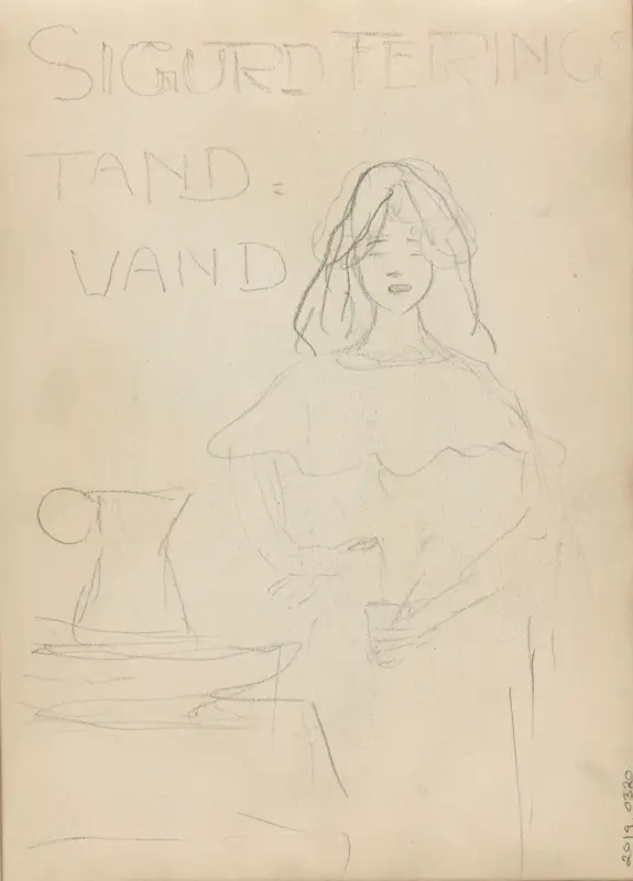 "Sigurd Feirings Tandvand". Utkast til annonse, Thorolf Holmboe, 1889–1891, drawing