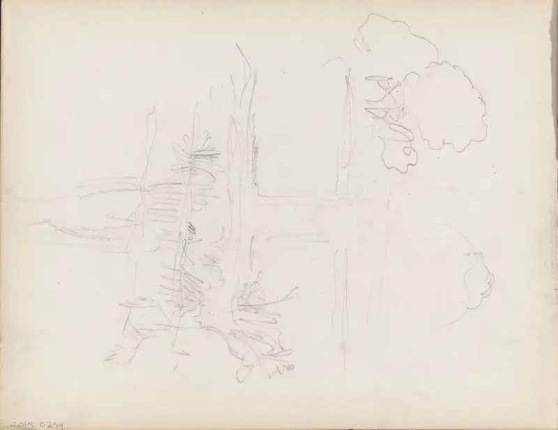 Riss av landskap med vann og trær, Thorolf Holmboe, 1889–1925, drawing