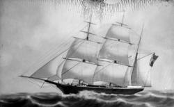 Tegning/maleri av seilskute med seilføring.
 (Fra Nordmøre Museums fotosamling)
