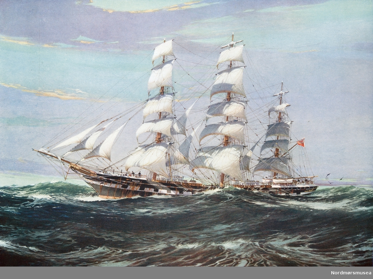 Seilskip ved navn "Waimate". Det er Jack Spurling (1870-1930) som har malt bildet. Fra Nordmøre museums fotosamlinger.