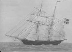 Tegning/maleri av seilskute med seilføring.
 (Fra Nordmøre Museums fotosamling)
