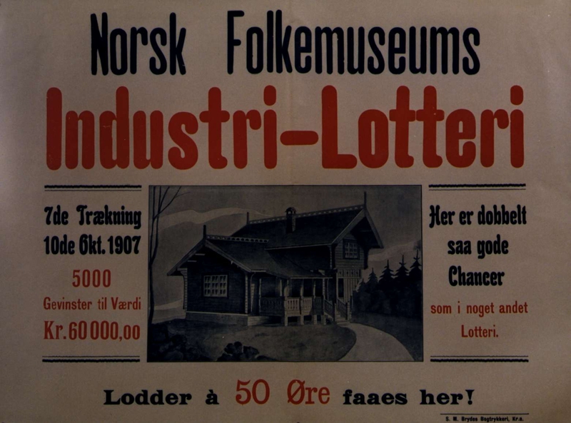 Plakat. Lotteri på Norsk Folkemuseum i 1907.